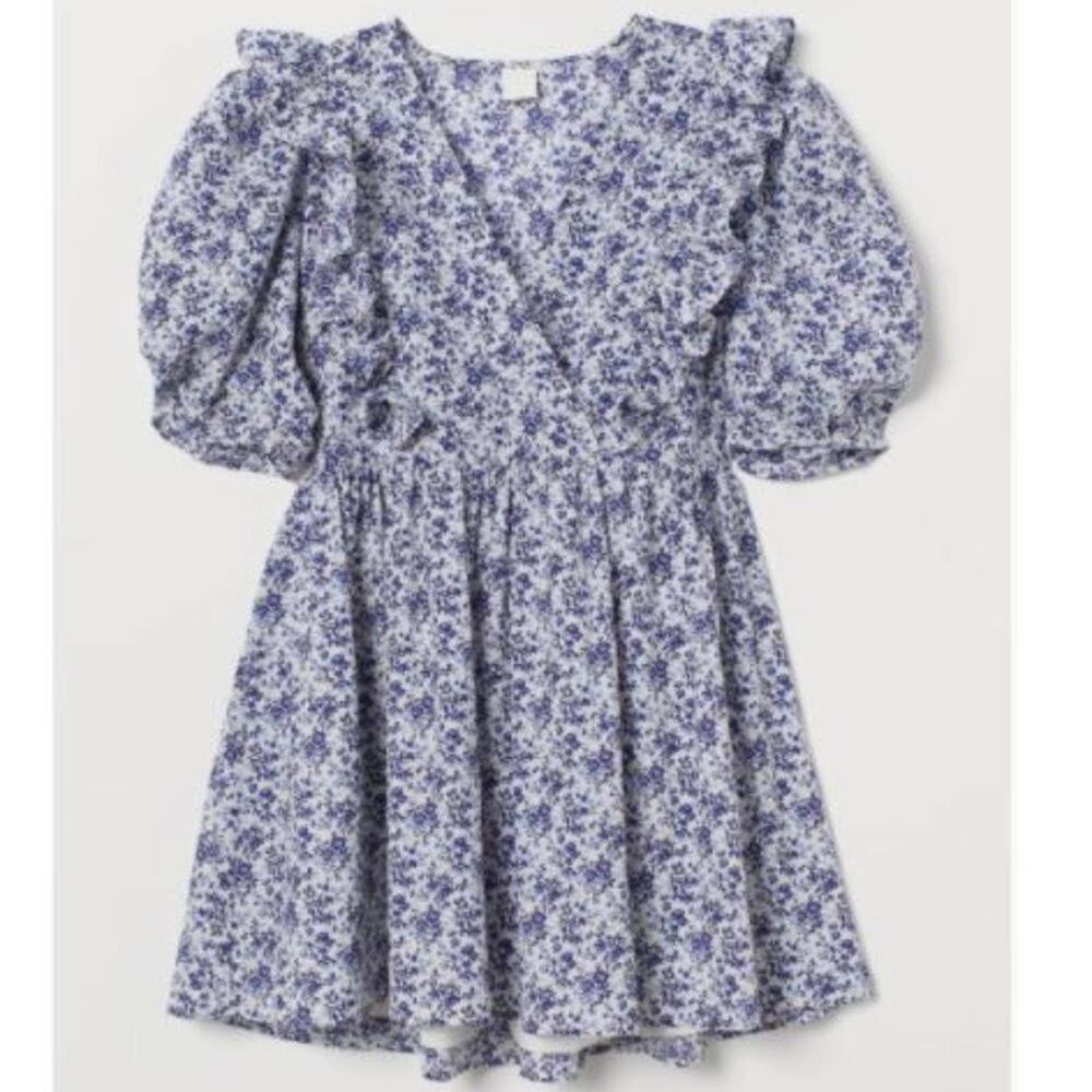 HM NEW BLOGGER FAVORITE BLUE FLORAL PUFF SLEEVE FLOUNCE TRIM DRESS MEDIUM